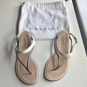 Casadei Elegant White and Silver Thong Flat Sandals,Size 9
